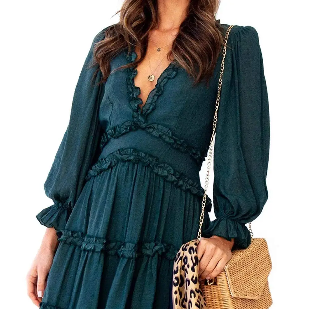 

Summer Plus Size Solid Backless Ladies V-Neck Midi Fitting Ruffled Casual Dresses