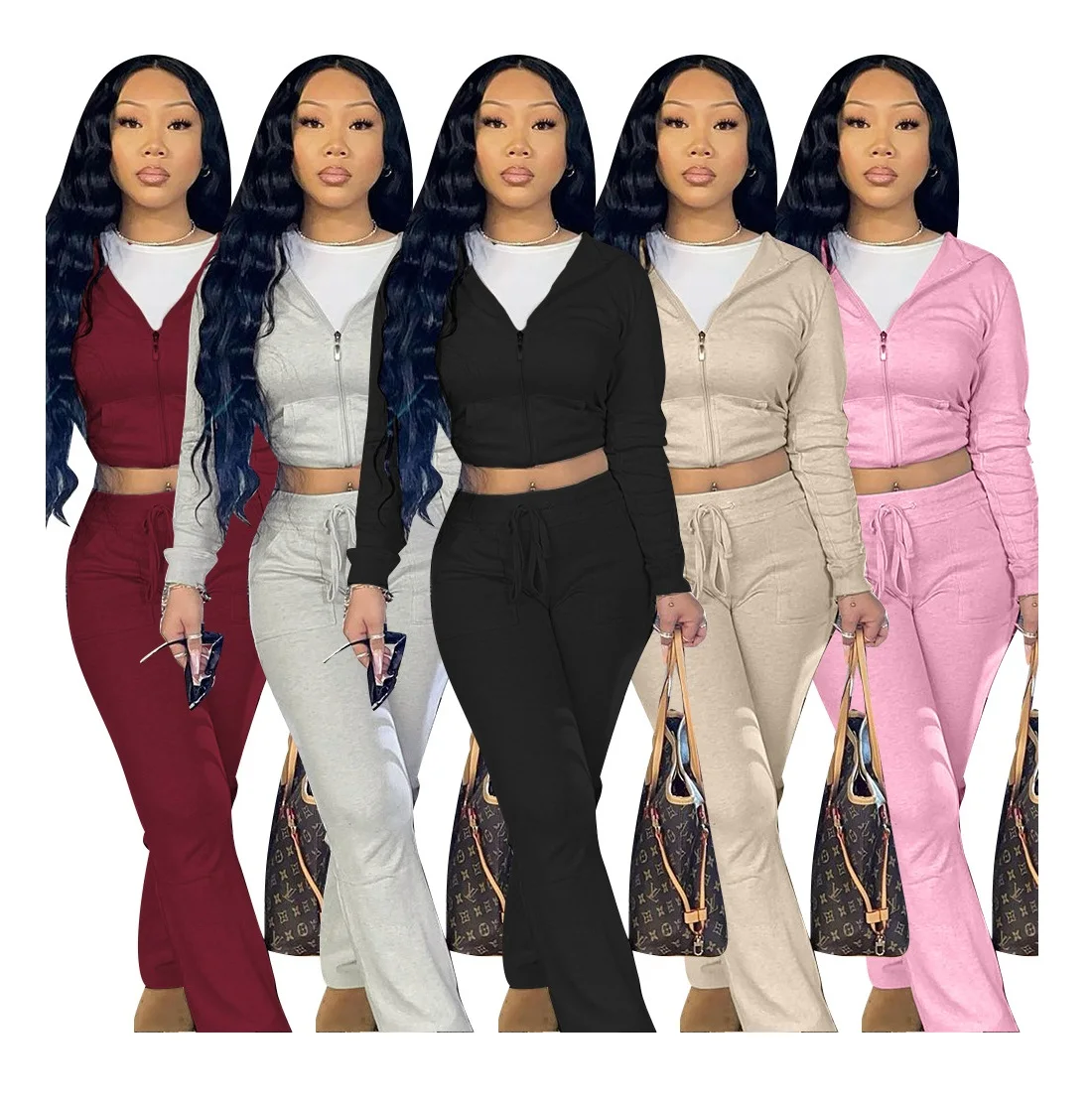 

In Stock 2021 New Arrivals Solid Zipper Hoodie 2 Piece Set Drawstring Wide Leg Pants Suit Women Sport Sweatsuit