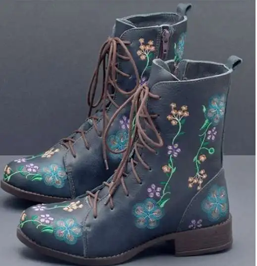 Latest Stylish Designer Customized  Leather Floral Embroidered Chunky Heel Ankle Ladies Boots  ankle boots designer boots