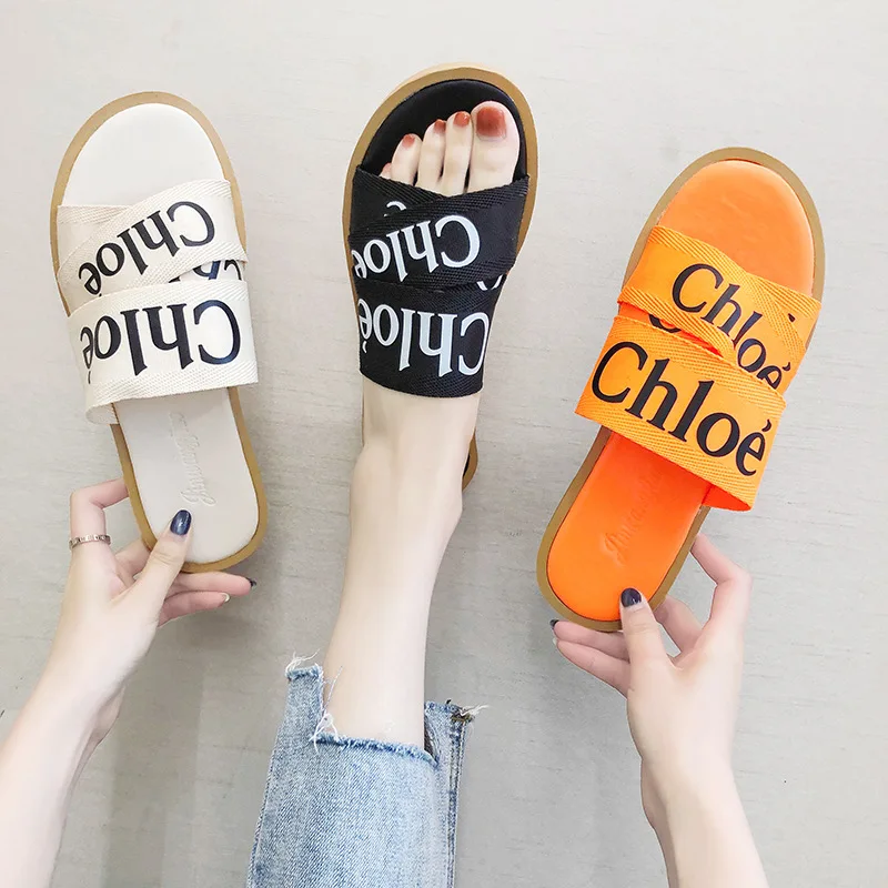 

Wholesale Women's Slippers Branded Letter Flat Shoes Newest Female High Quality Women's Sandals Slippers, 3 colors option