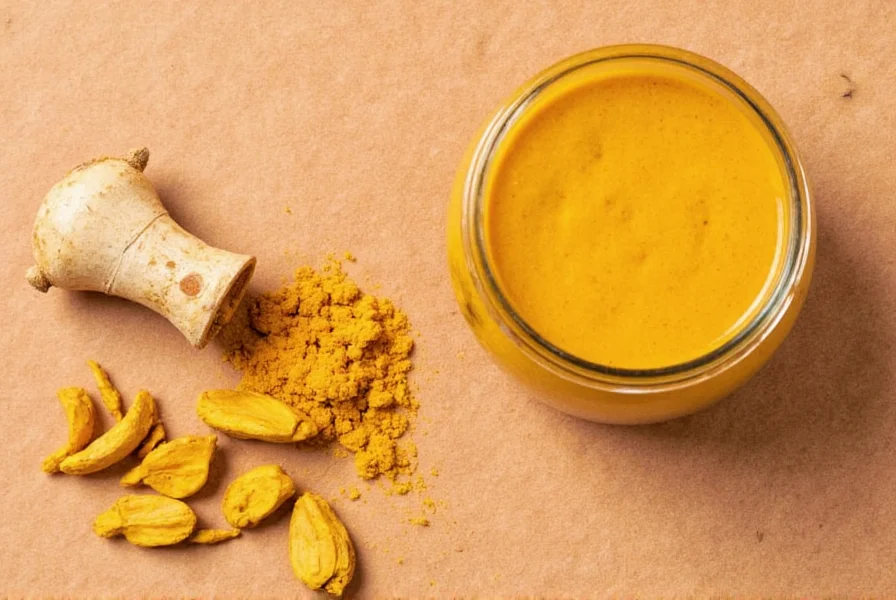 Turmeric root, powder, and supplement capsules arranged with healthy foods