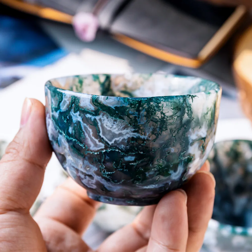 Ying Lai Jewelry Natural Stones Hand Carved Polished Crystals Shape Moss Agate Witchcraft Supplies Crystal Bowl Small Cups