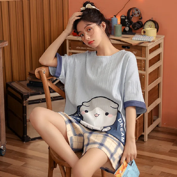 

Summer Loose Pajama Vogue Homewear Fluffy Loungewear Nightwear Shorts Sleeve Pijama Cortas Comfy Sleepwear Pyjama For Women Set