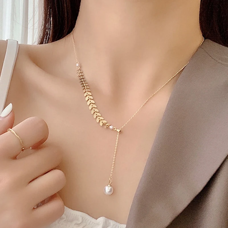

Half Stainless Steel Ear Of Wheat Chain Collarbone Choker Classic Elegant Baroque High Luster Fresh Water Pearl Pendant Necklace