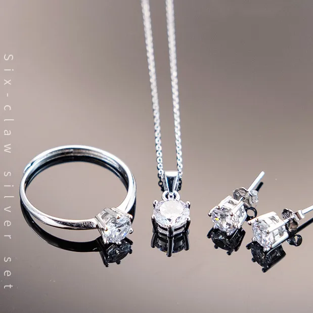 

Luxury Six Claw Silver Sets Bridal Jewelry Sets Cubic Zirconia 925 Wedding Diamond Pendant Jewelry Sets
