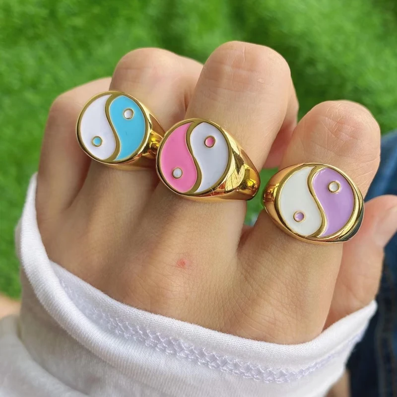 

2021 Color Metal Rings Korean Cute Enamel Daisy Rainbow Color Yin and Yang Rings 24K Gold Plate Ring For Women Jewelry, Mix color