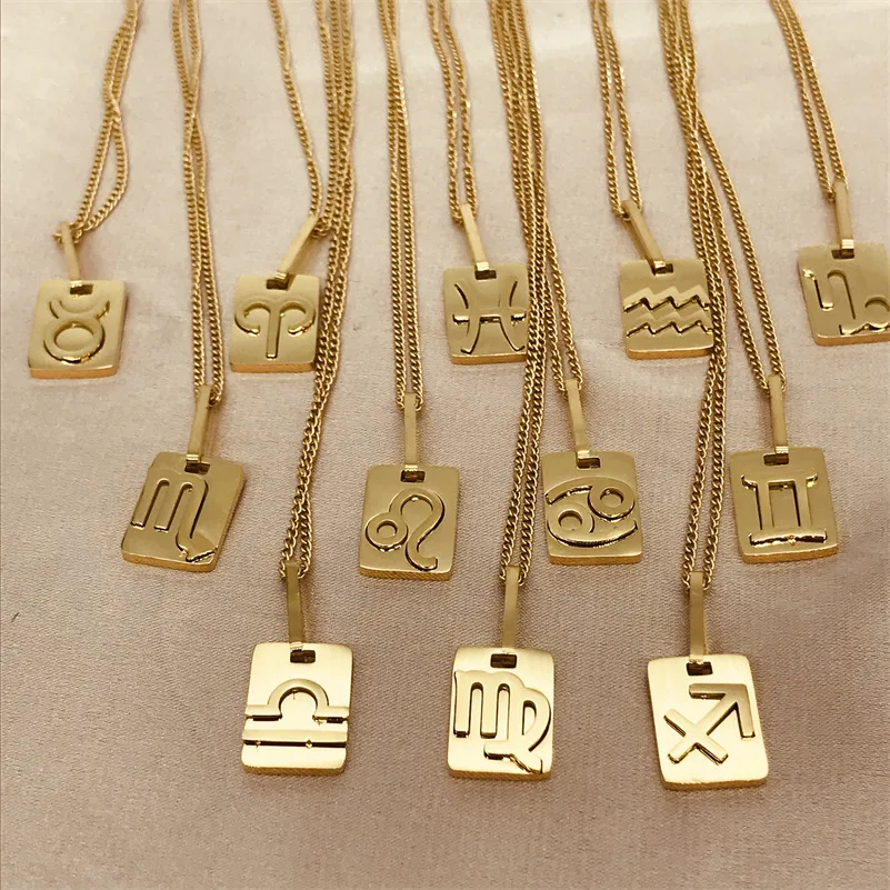 

Dainty 18K Gold Plated Zodiac Necklace Stainless Steel Trendy Square Pendant Necklaces Unique Card Simplicity Jewelry