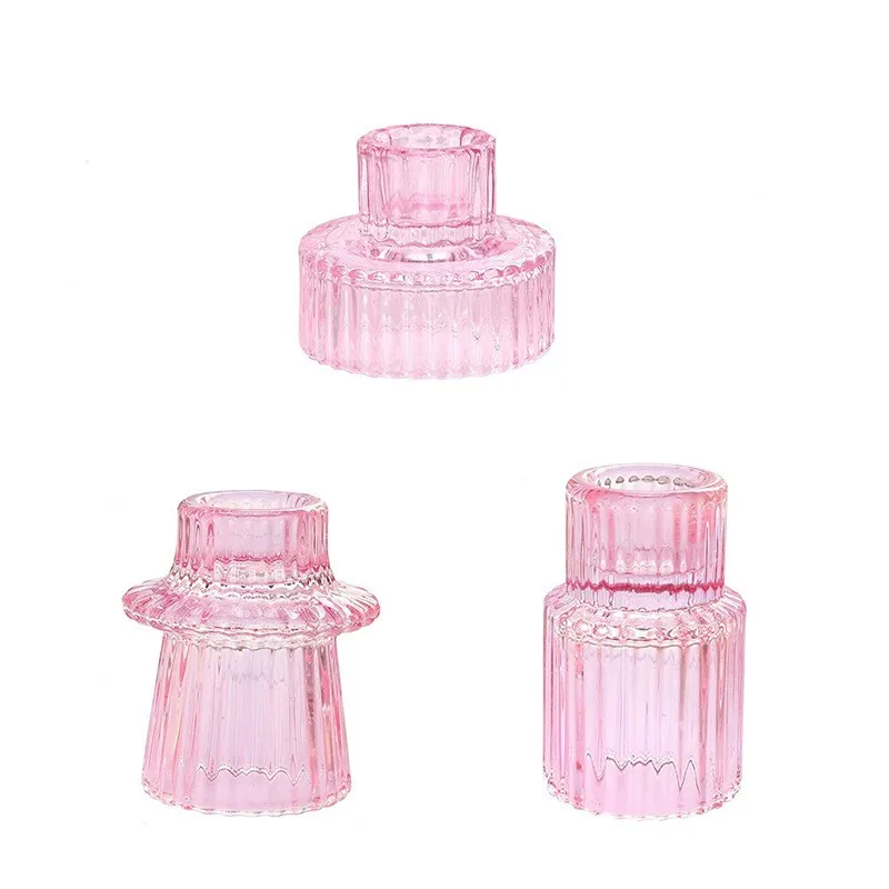 

Wholesales Clear Green Ribbed Tea Light Tapered Glass Candle Holder for Wedding
