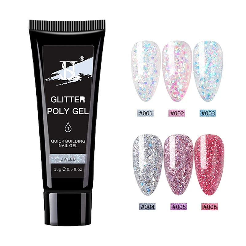 

15g Nail Extension Gel Set Long Lasting Led Uv Builder Supplies Private Label 6 Colors Glitter Poly Gel Nail, 6 color