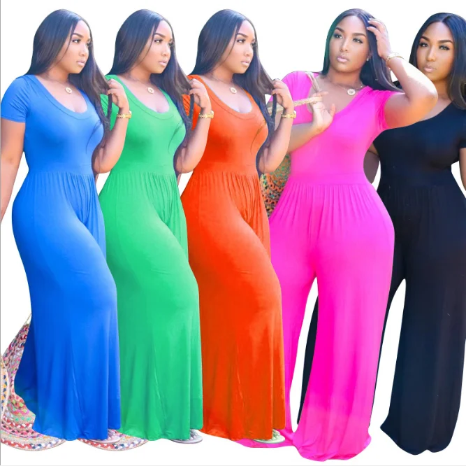 

FM-20722 Ladies Pure Color plus size one piece jumpsuits Wide Leg Short Sleeve Casual Plus Size Jumpsuit for Women, As pictures