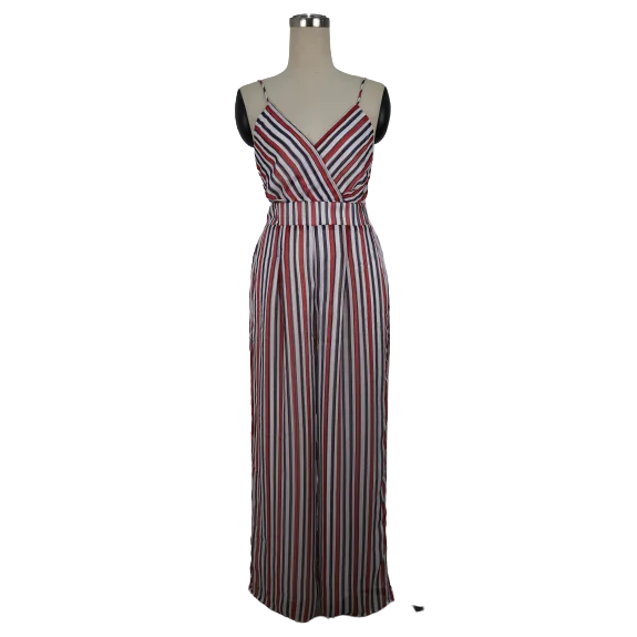 

In Stock Women Sleeveless Polyester Striped Casual Jumpsuit, Customized
