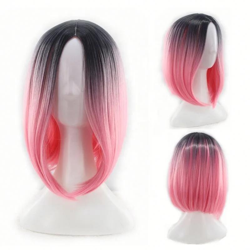 

Black Pink Gradient Bobo Silky Straight Wigs for Women Synthetic Wigs Headgear Hat, Pics