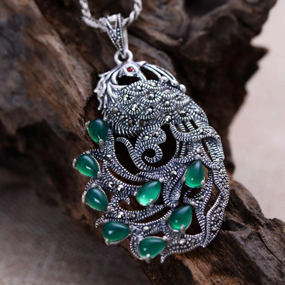 

Real Pure 925 Sterling Silver Peacock Natural Gemstone Pendants For Women Inlaid Green Chalcedony Marcasite