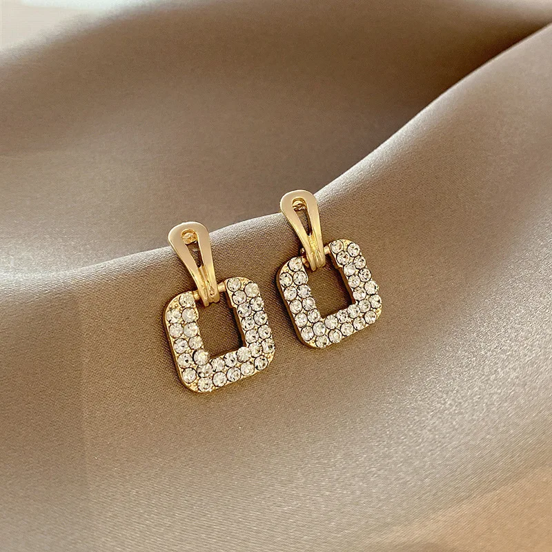 

Gold Plated Full Diamond Geometric Square Earrings S925 Needle Crystal Rhinestone Hollow Square Stud Earrings