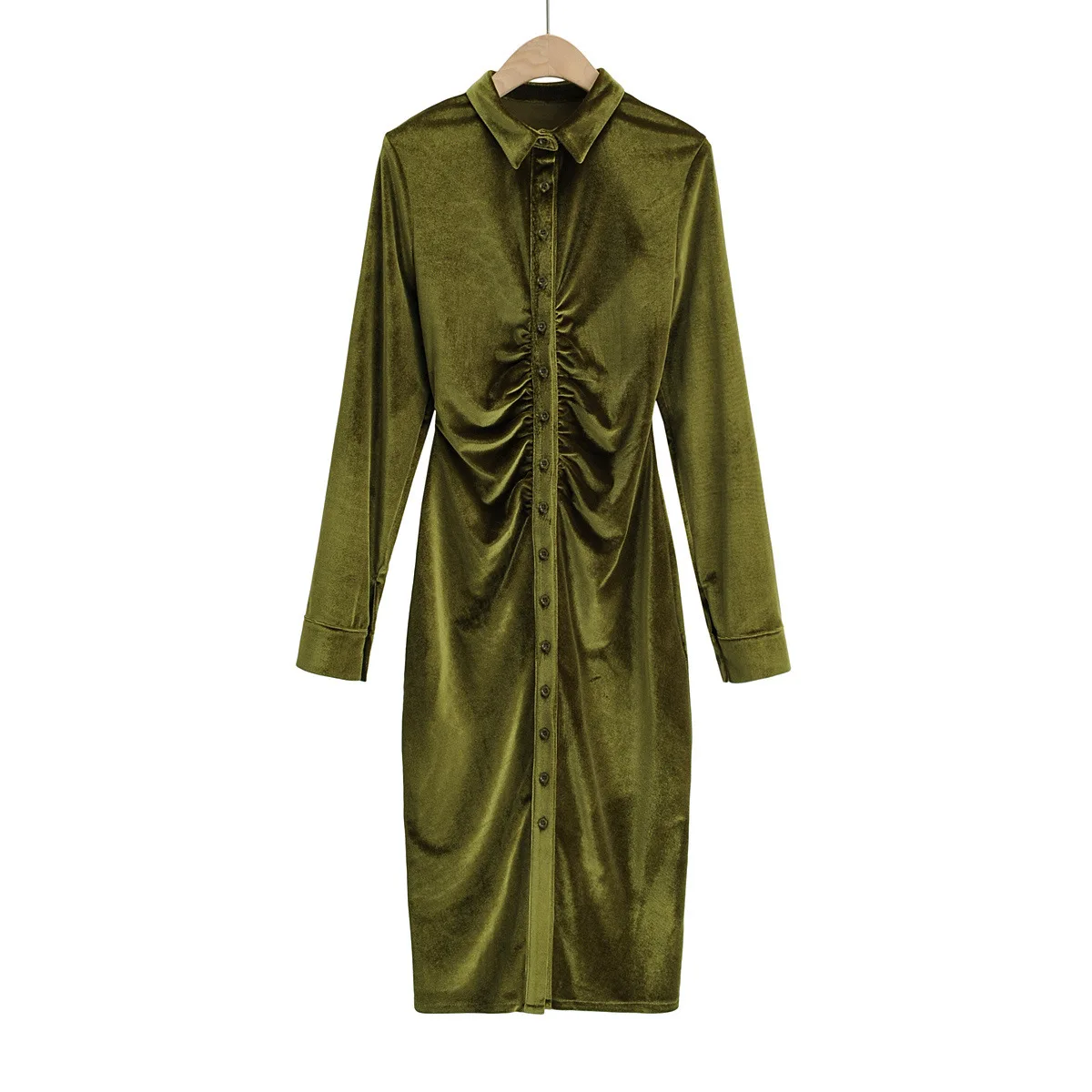 

B54006A French style retro fashion polo collar lady long sleeve velvet shirt dress, Green/black