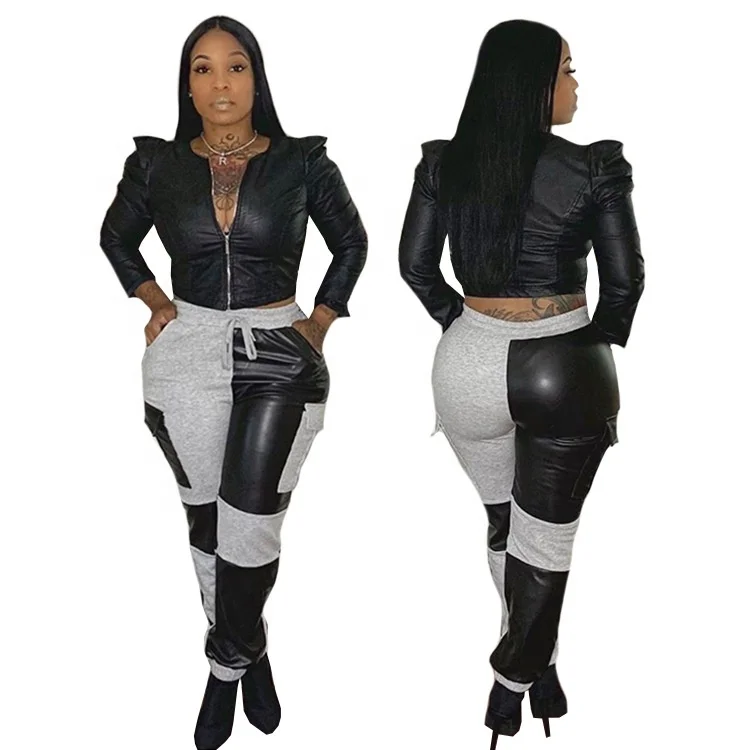 

High-quality girly hipster design trousers pants leather patchwork mid-waiststitching slim gray harem plaid pants