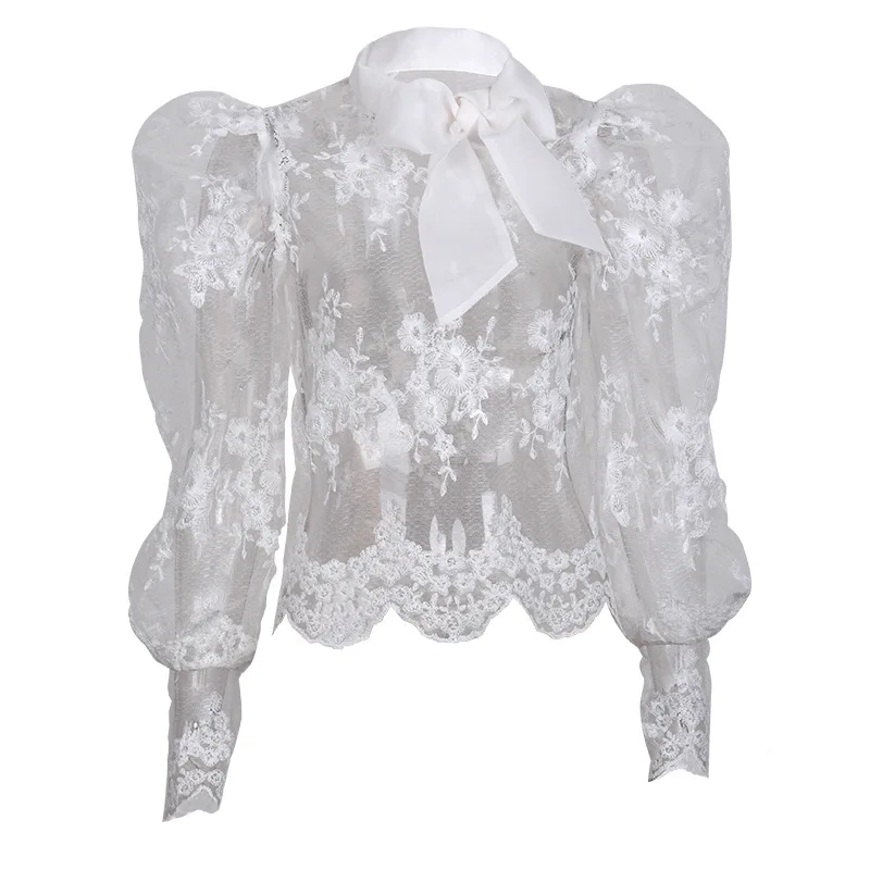 

2020 new arrival amazon hot selling mesh bubble long sleeves ladies lace blouse shirt
