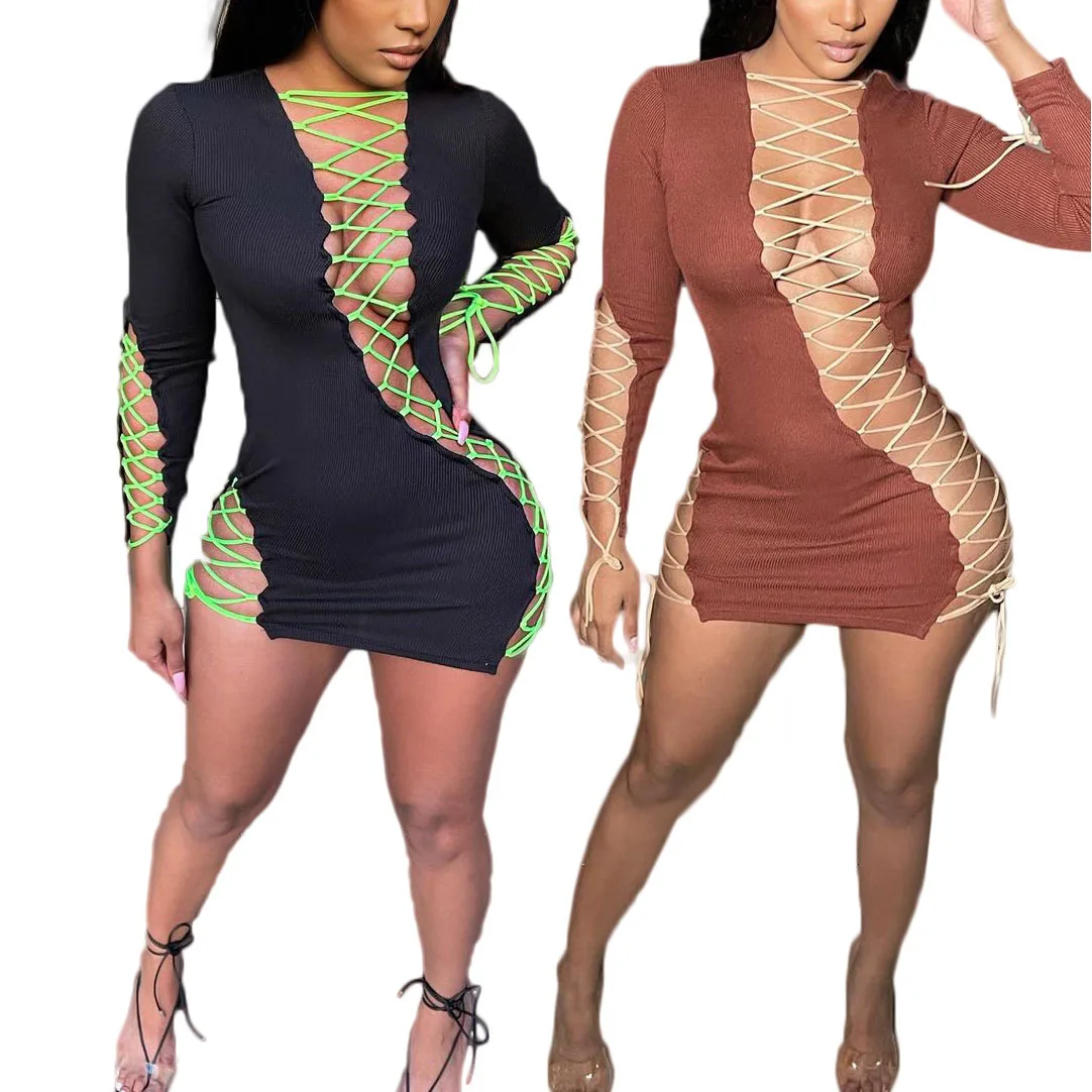 

FS2490D Sexy Women ribbon strap lace up bandage Dress Party Club Dresses