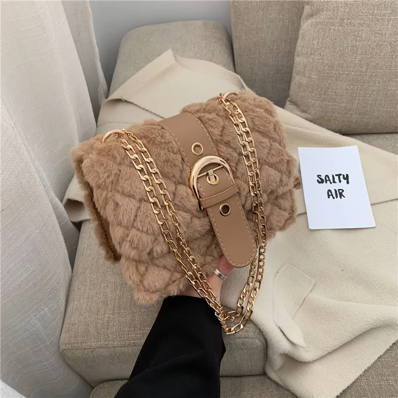 

Winter Fashion Designer Plush Crossbody Bag Lady Chains Embroidery Thread Lock Shoulder Bag Women Soft Faux Fur Handbag