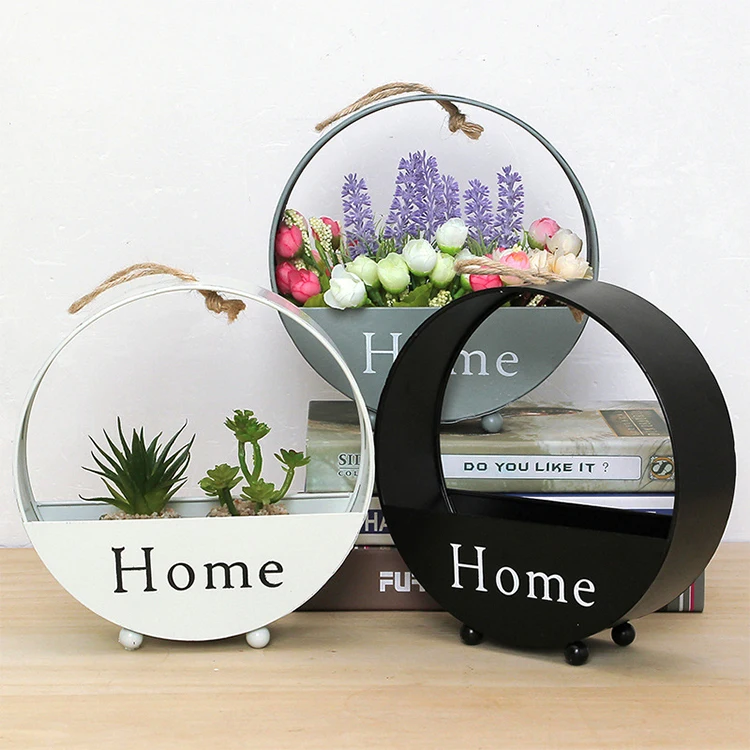 

Home Decor Round Shape Wall Hanging Iron Artificial Flower Pot Planter Basket with Braided Rope Handles, Customized color