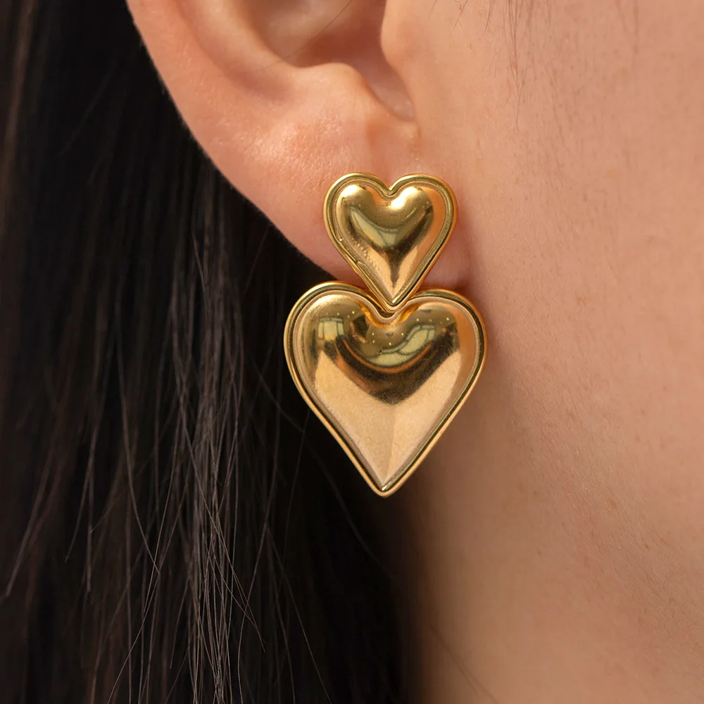 

G2147 INS Trendy Jewelry Double Heart Shaped Earring Stainless Steel 18K Gold PVD Plated Smooth Love Heart Drop Stud Earrings