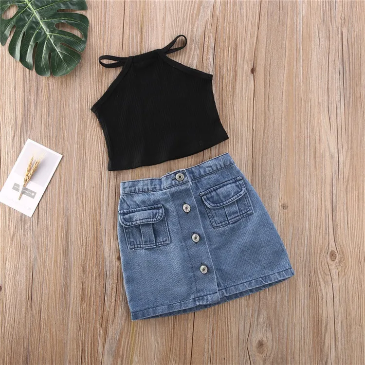 

Baby Girl Summer Sets Off Shoulder Knitted Top+Denim Skirts Fashion 2 Piece Girls Clothes Set Children Outfit for 2-6 Years, Black