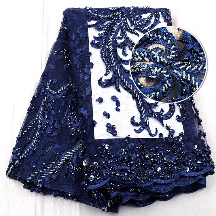 New Design Royal Blue Handmade Beaded Lace Fabric for Wedding Dresses, Mesh Sequin Embroidery Beads and Pearls Lace Fabric