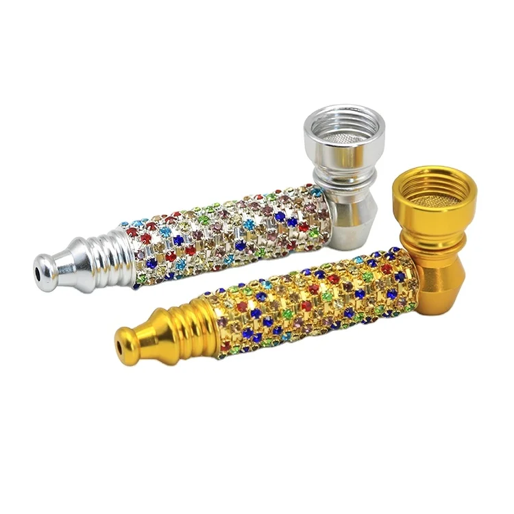 

EKJ P0119 Hot Selling Diamond Metal Tobacco Weed Smoking Accessories Dry Herb Smoking Pipe Wholesale, Silver, gold