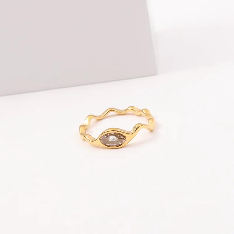 

Joolim Jewelry Wholesale 18K Gold Plated Eye Zirconia Waved Lines Stainless Steel Rings for Women Dainty Rings