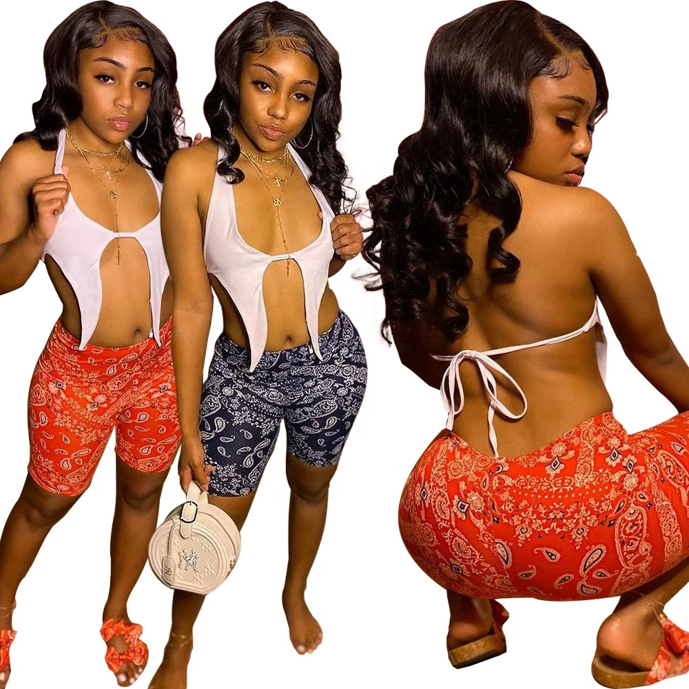 

MT20-5215 2021 wholesale ladies fashion sexy halter halter vest shorts casual two-piece suit women clothing sets