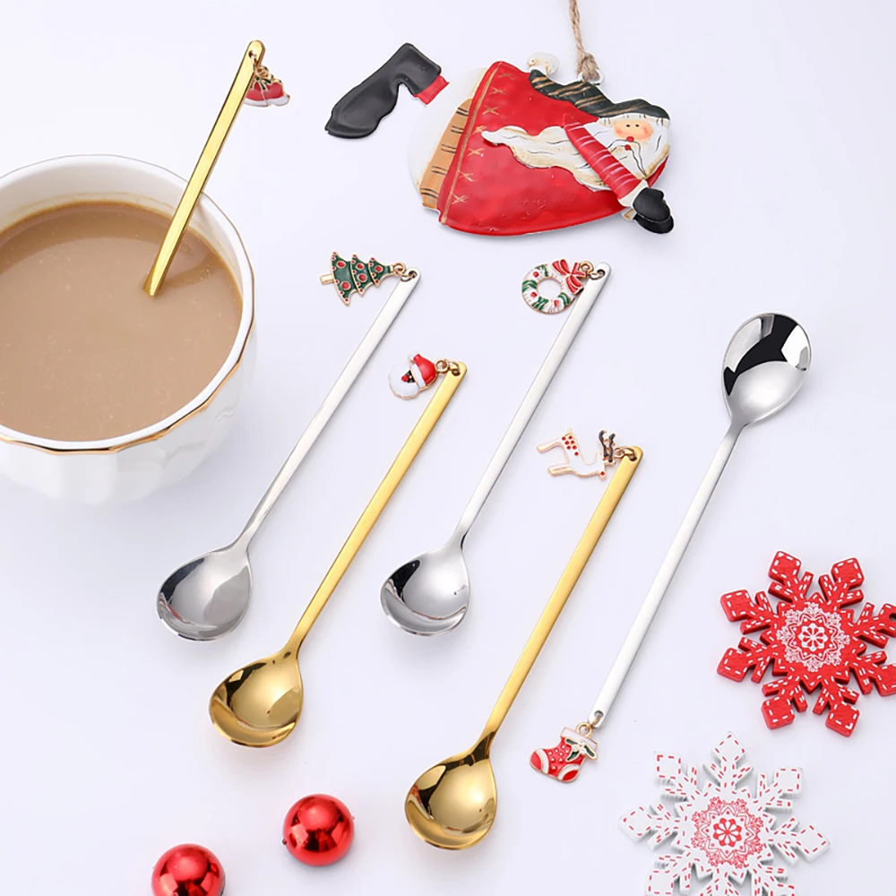 

Christmas Spoons And Forks Set Gift Box Tea Coffee Spoon Christmas Pendant Party Tableware Decor Stainless Steel Stirring Spoon, Sliver,gold