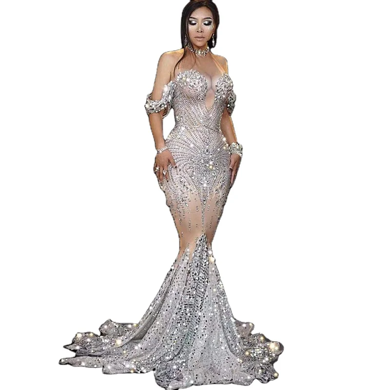 

Elegant Silver Sequin Crystal Mermaid Wedding Party Dress Women Rhinestone Trailing Dress Ball Gown Stage Costume Prom Dresses