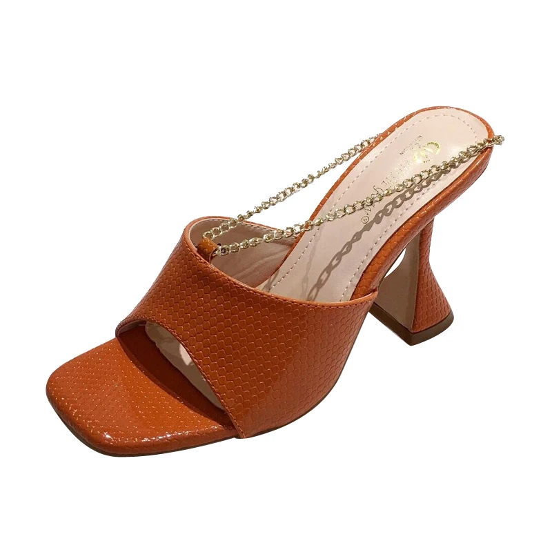 

Fashion Summer Shoes Crystal Cup High Heels Sexy Pumps Women Shoes Metal Chains PU Leather Peep Toe Female Slippers, Black;white;orange