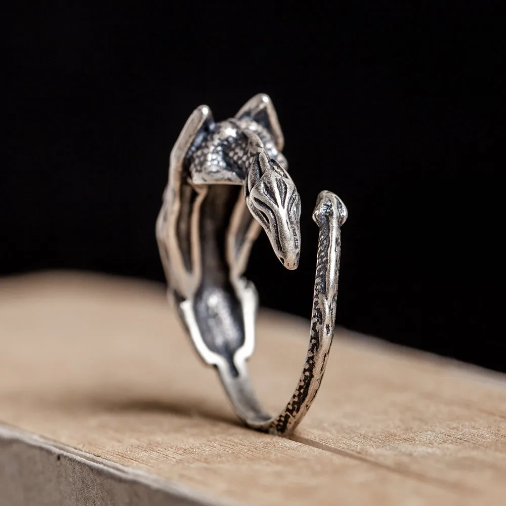 

Sterling Silver 925 Vintage Dragon Ring Men's Open Size Simple Punk Jewelry