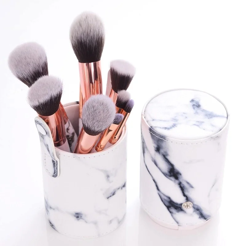 

Hot Selling Portable Eco-material Plastic Handle Round Brush Kit Cosmetic Makeup Brushes Tools With Round Pu Box, Marbel/marbling