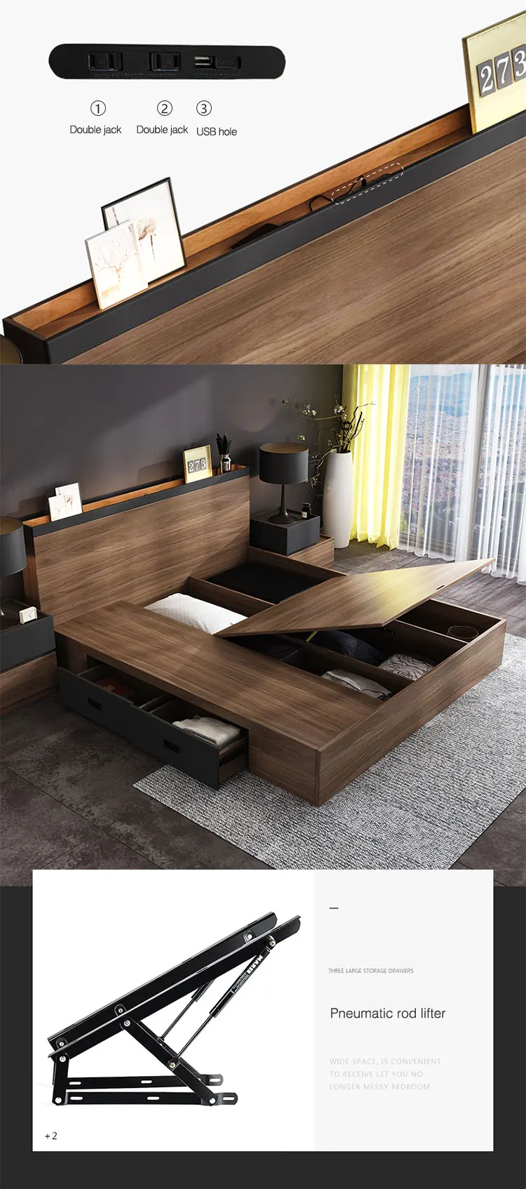 New bedroom set modern adult walnut color bed with storage luxury furniture bedroom bed with mattress