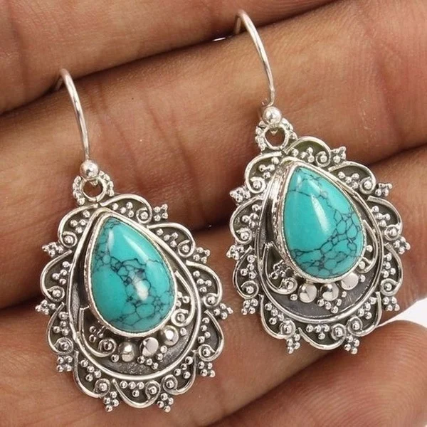 

Bohemia Tibetan Water Drop Blue Stone Dangle Earrings Vintage Ethnic Silver Carving Pattern Earrings Pendientes Mujer