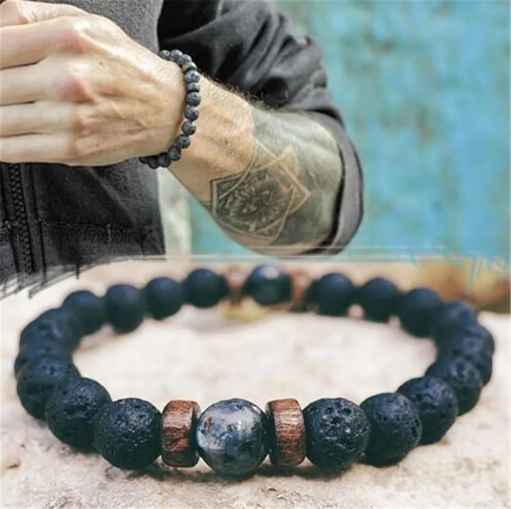 

Men Women Healing Jewelry Black Matte Agate Tiger Eyes Lava Stone Bracelet Natural Beaded Wooden Bracelet