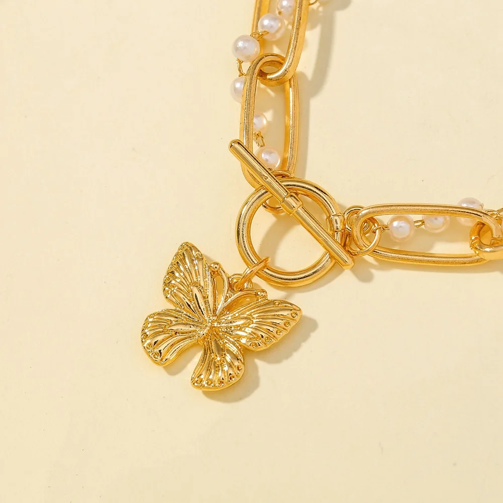 

European New Arrival Metal Pearl Chain Bracelet Double Winding Gold Plated OT Clasp Butterfly Pendant Link Chain Bracelets