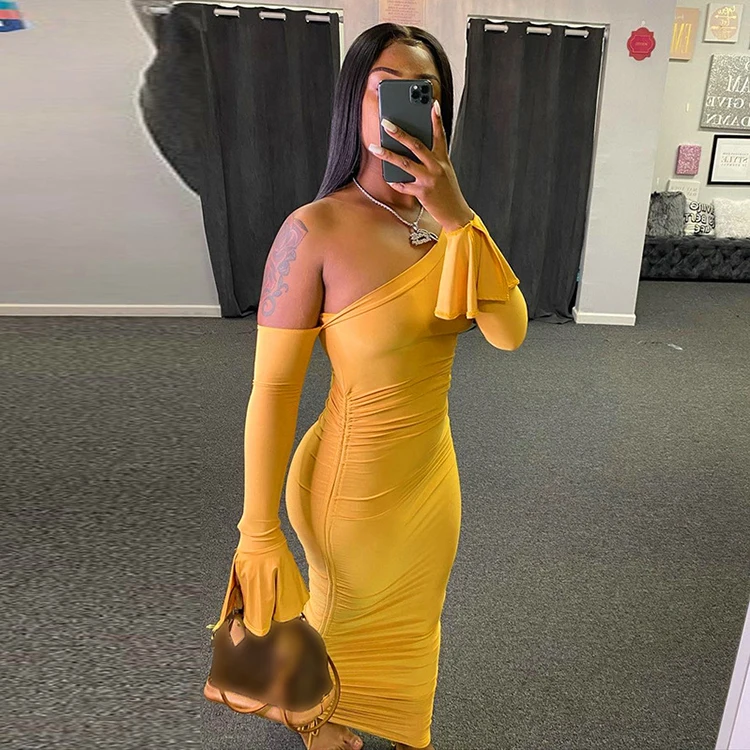 

Autumn Trends 2021 Elegant Women Long Sleeve Dress Drawstring Inclined Shoulder Flare Sleeve Yellow Maxi Dresses