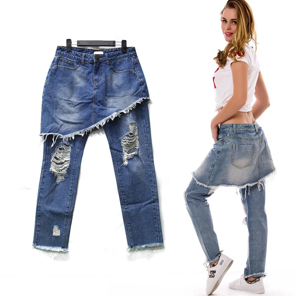 

Two Piece Jeans Pants With Skirts Women Slim Light Blue Frayed Hem dress Tassel Straight Casual Hole Jeans/tassel denim/