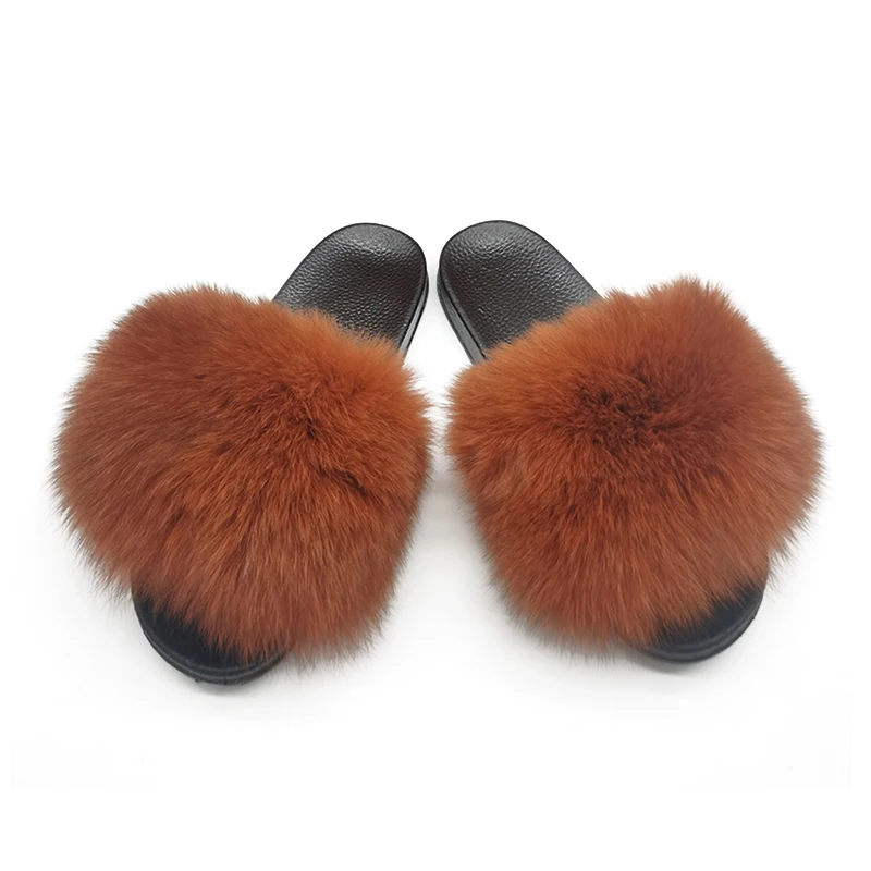 

2018 fashion design EVA sole real fox fur slides furry slipper, Light pink/black/brown/green/custom make