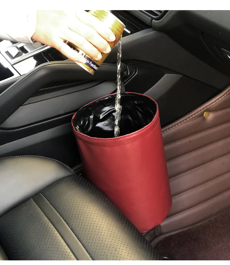 

A2851 Folding Waste Waste Compress Bin Mini Hanging Healthy Material Waterproof Car Folding Storage Leather Trash Can, 4 colors