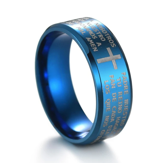 

Hot Sale Simple Cheap Stainless Steel Jewelry Spanish Lord's Prayer Bible Scripture Black Bule Plated Men Rings