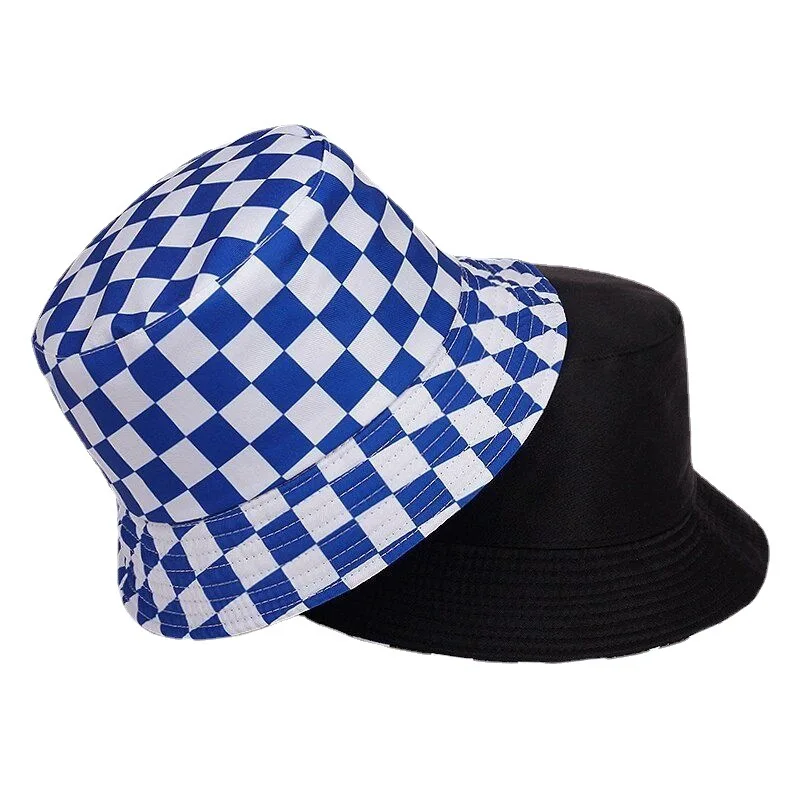 

2022 Fashion New Custom logo Double-Sided Female Girls Brim Fisherman cap reversible checkered bucket hat