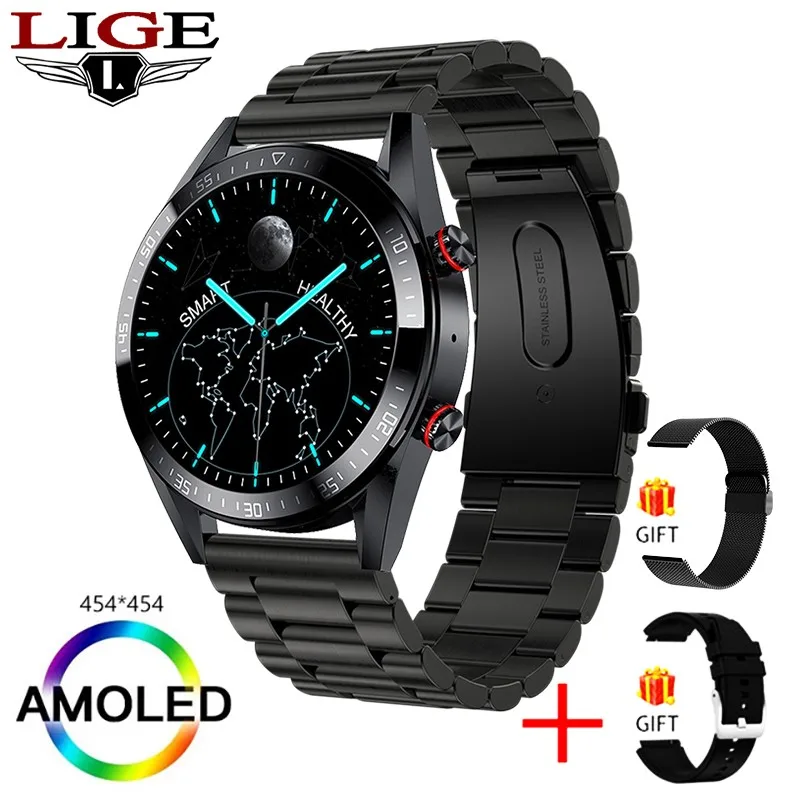 

LIGE 2022 New Arrival Smart Watch AMOLED Full Touch Screen BT Call Music Storage Playback Fitness Smart Clock Men's Smartwatch