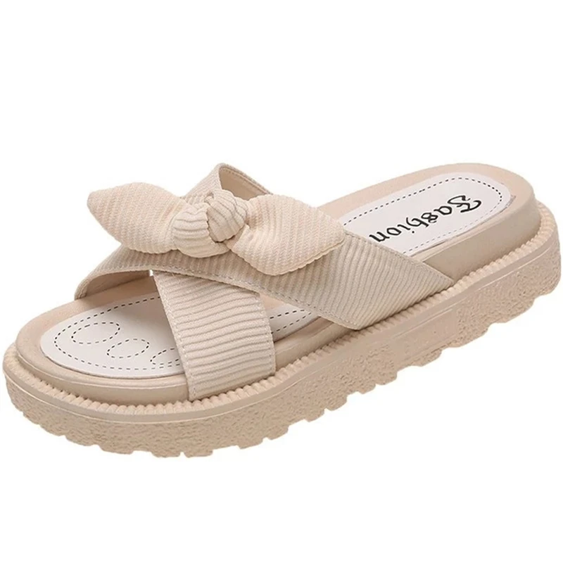 

Women Slip On Slippers Ladies Butterfly Knot Lace Casual Shoes Woman PU Leather Crystal Fashion Summer Flats Shoe Female Comfort