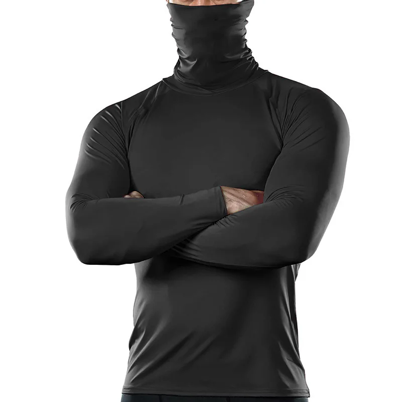 

Custom Tight Tee Shirts With Face Cover Mens Polyester Spandex Athletic Compression Tshirts with Neck Gaiter, Red,,any color