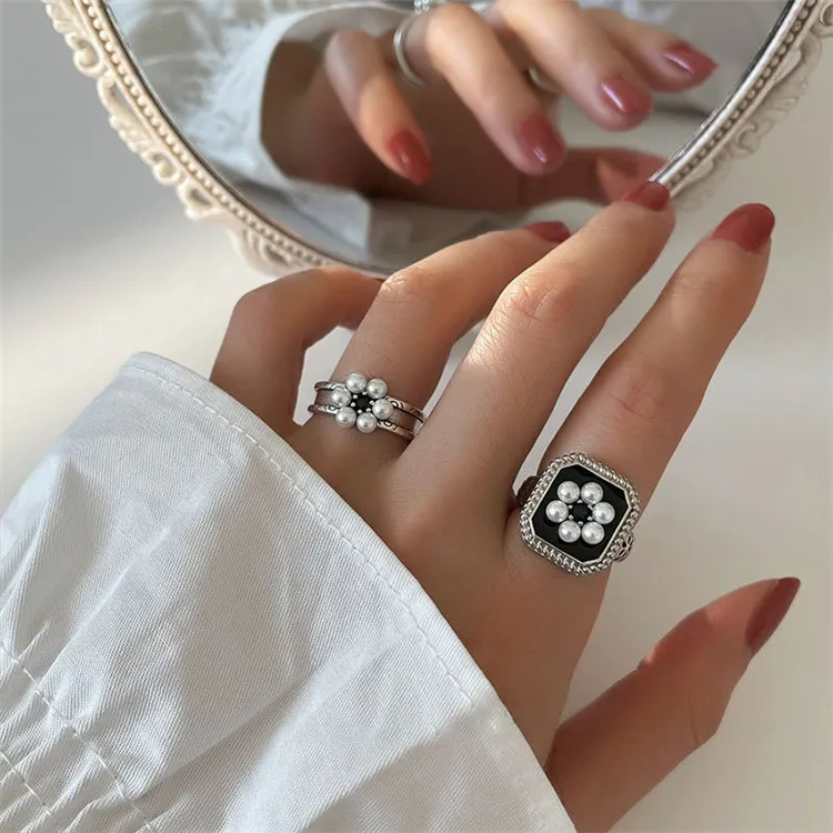 

Imitation Pearl Retro Fashion Women Pearl Ring Female 925 Silver Light Luxury High Sense Cross-Border Open Index Finger Ring, Picture shows