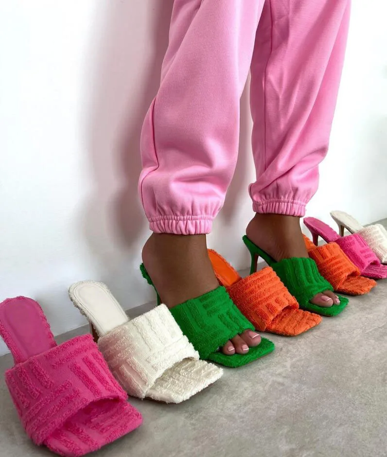 

113913 Korean version square head open toe trend irregular pattern towel sandals women's thin heel ultra-high heel Muller shoes